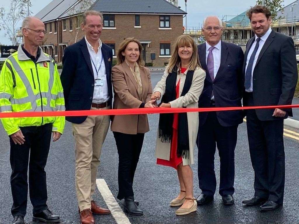 MP Natalie Elphicke cuts the ribbon alongside representatives from Quinn Estates, Dover District Council, Kent County Council, Kent and Medway Economic Partnership (KMEP) and SELEP. Picture: Office of Natalie Elphicke