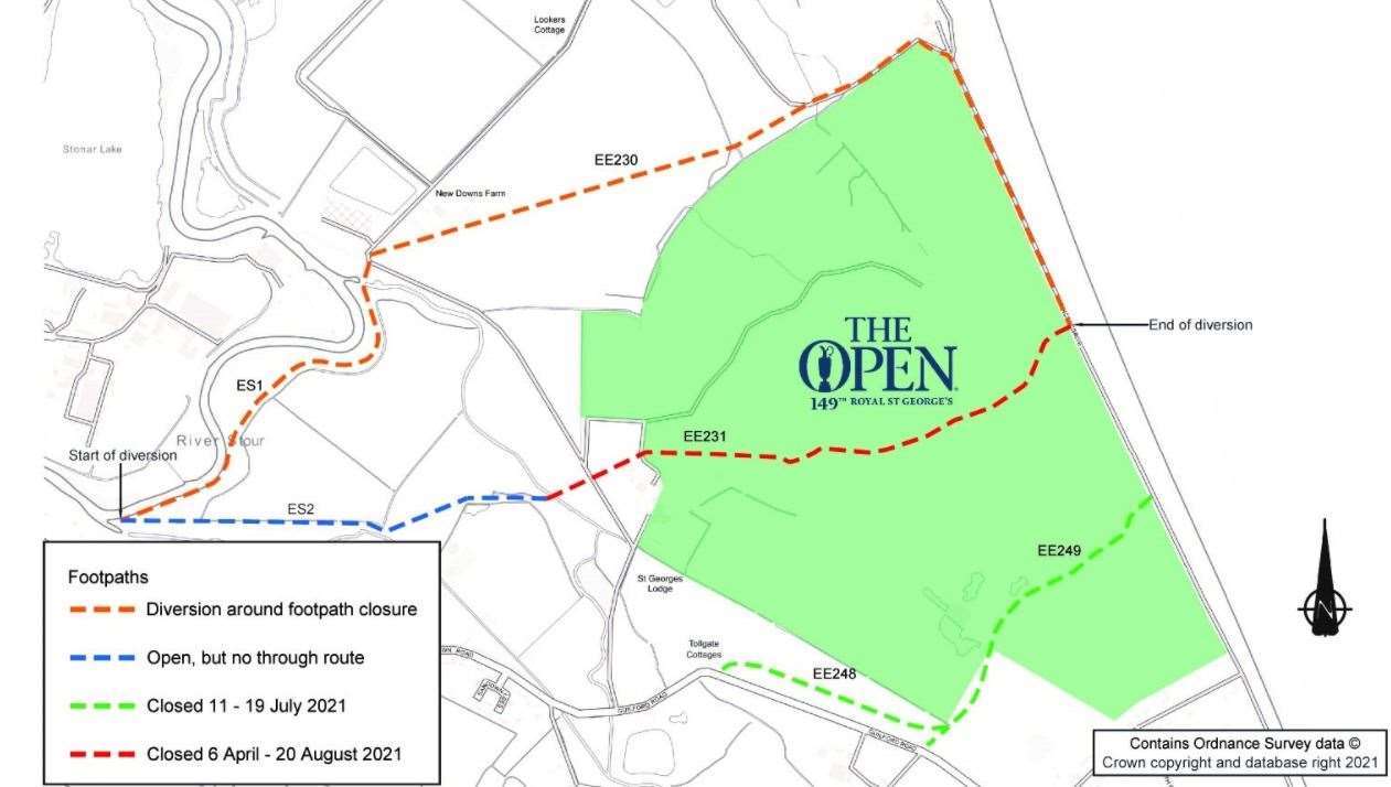 Use of footpaths during the Open. Map graphic from Dover District Council