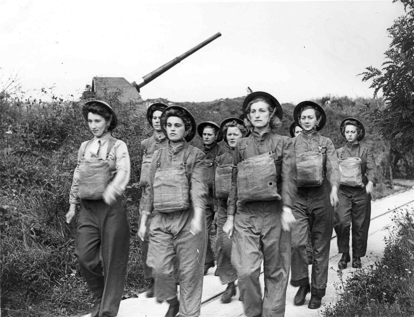 Girl Soldiers march to their duties at an anti-aircraft gun battery at Fort Hosted in 1942. Picture: Images of Medway book