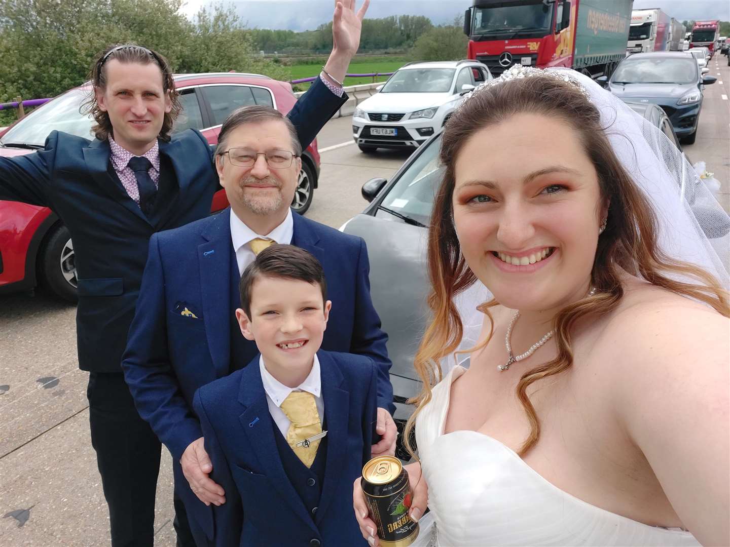 Mrs Luckhurst with page boy Joshua, dad Paul, and cousin Michael on the M20 (47502483)