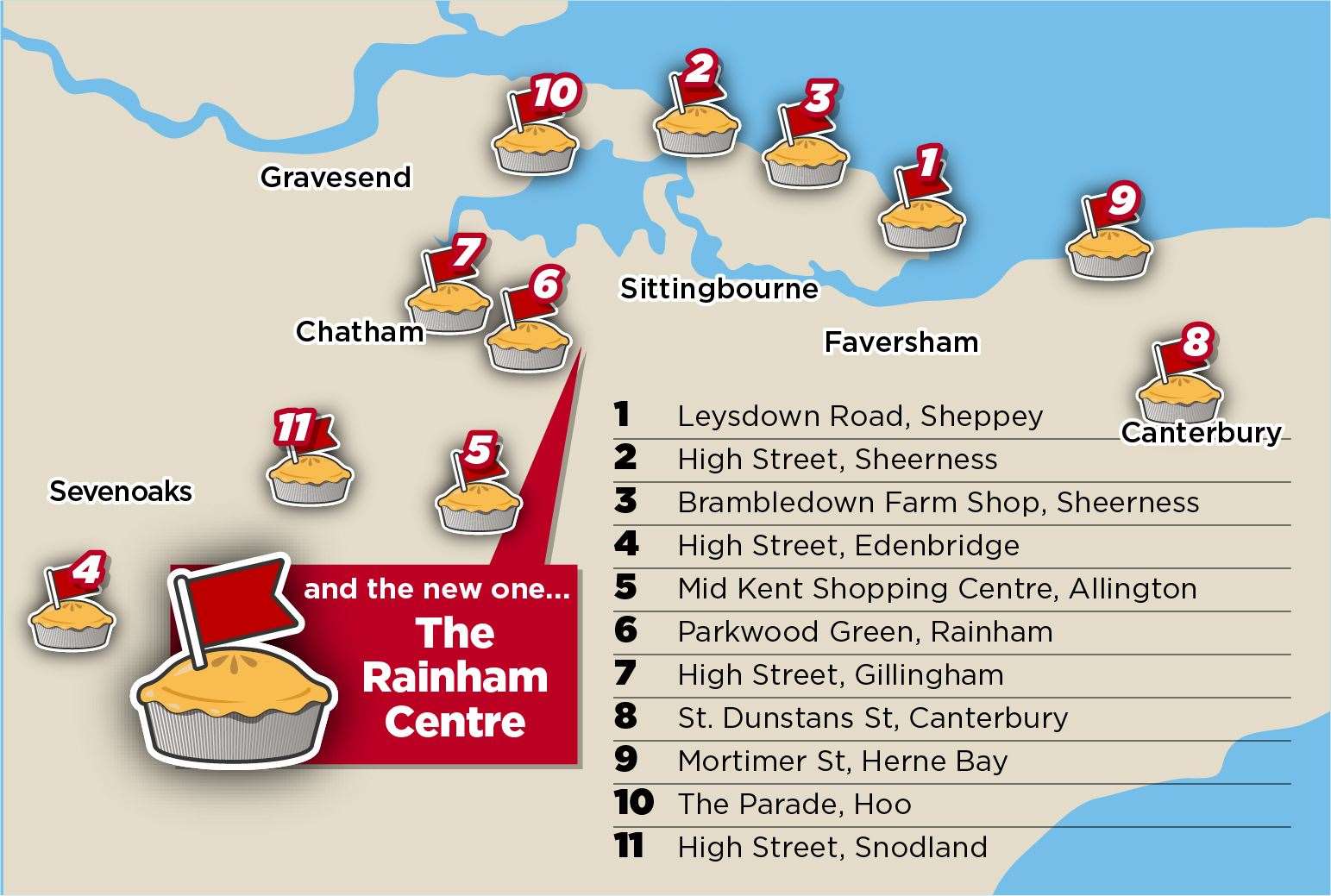 A map showing Boyce's Bakery shops in Kent