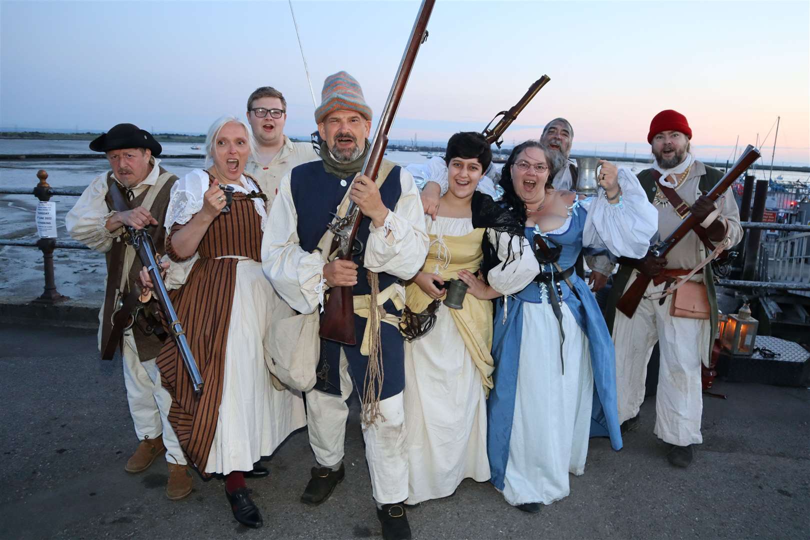 The Sheppey Pirates fired a musket volley at Sheppey's only Platinum Jubilee Beacon at Queenborough. Picture: John Nurden