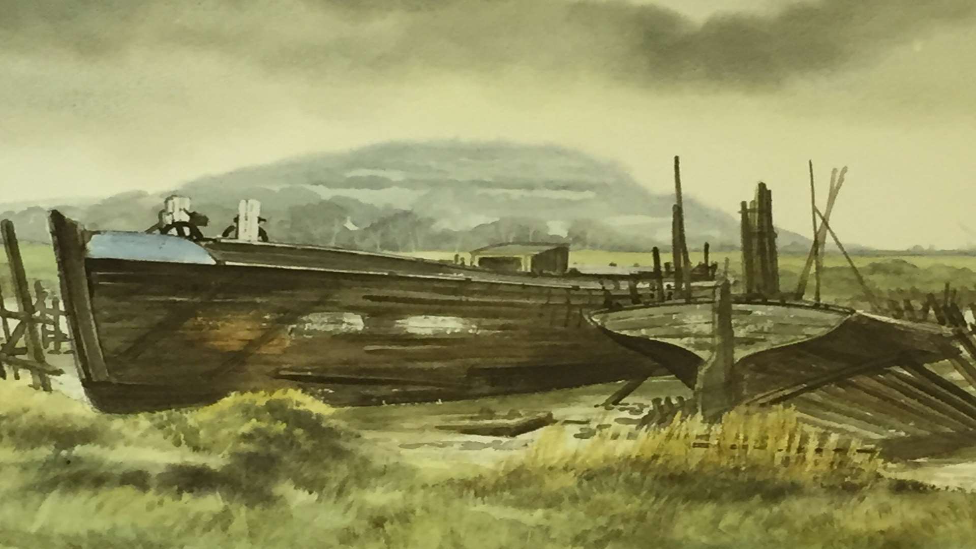 Painting of the view over the estuary pre the Medway City Eastate from Cliffe Contractors Ltd. By Elizabeth Mace, titled Whitewall Creek