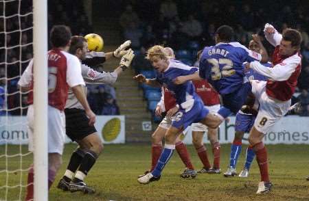 Gavin Grant forces the ball in to equalise for Gillingham. Picture: GRANT FALVEY