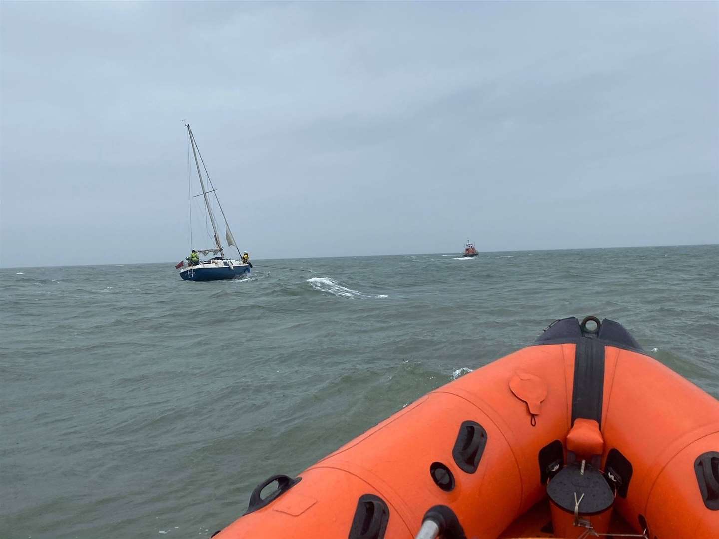 View from Littlestone Lifeboat of Dungeness towing the casualty vessel. Credit:RNLI/Dean Miller