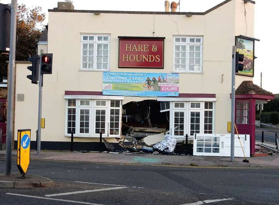 The side of the Hare and Hounds in Northwood was badly damaged in the crash