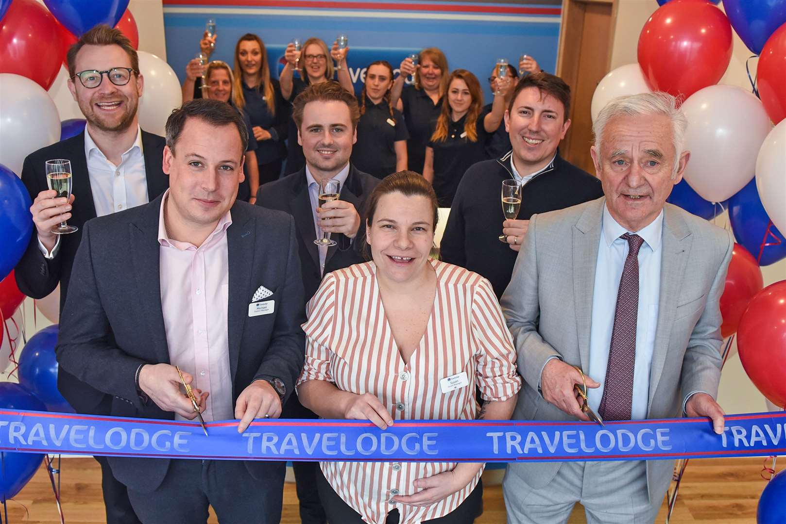 Opening the hotel, Travelodge district manager for Kent, Michael Johnstone, hotel manager, Suzan Ezzi and leader of Swale council, Cllr Roger Truelove (Lab)
