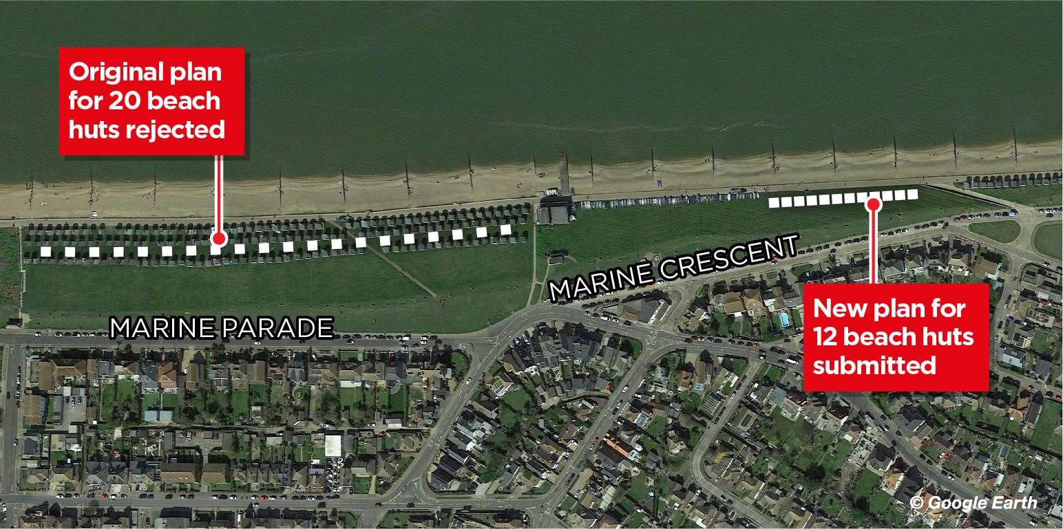 A graphic showing the original and latest sites earmarked for beach huts in Tankerton