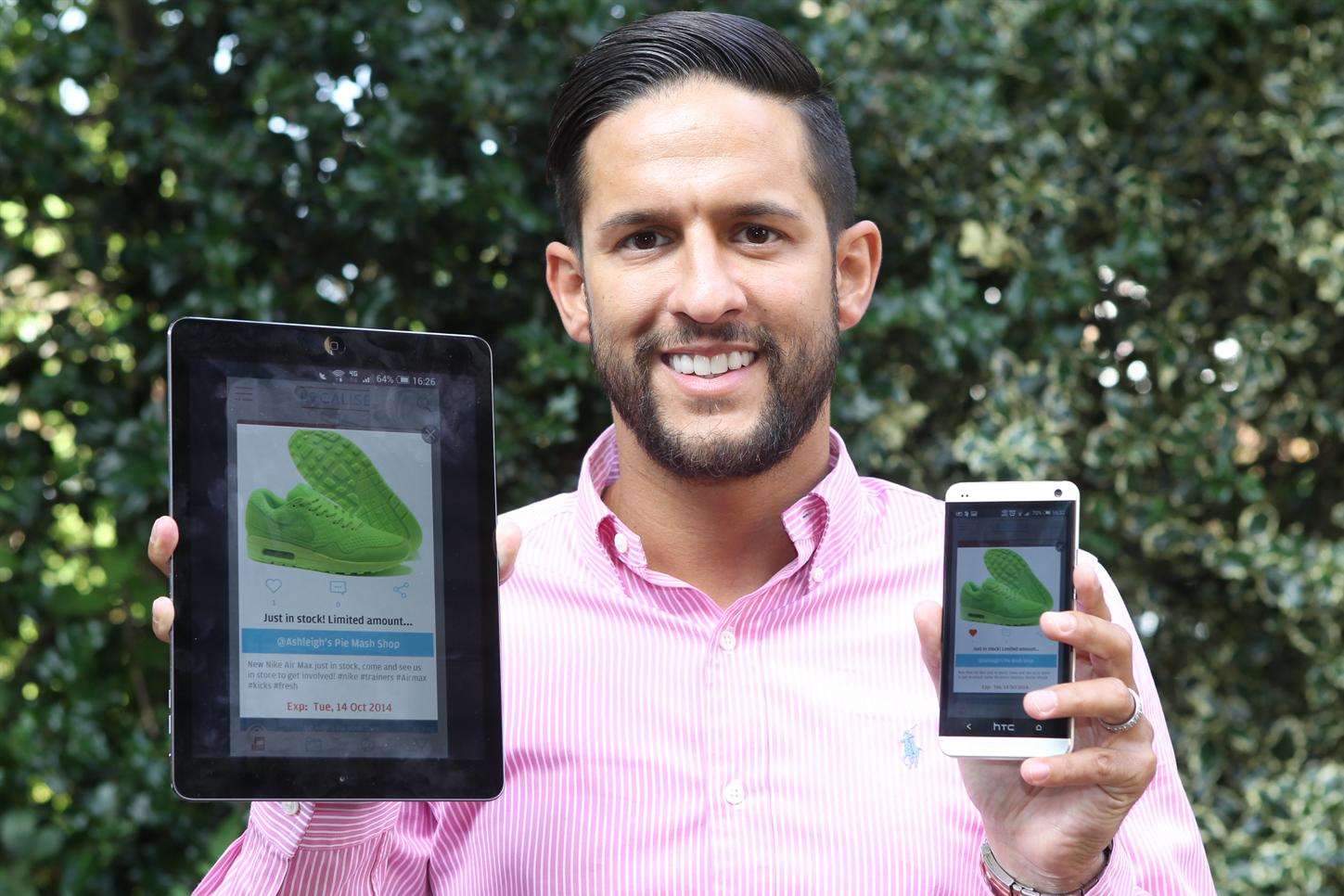 Ashleigh Cornelius, shows an app he has developed in Beta form on Apple and Android platforms, that he is preparing to launch before Christmas, to enable local business in maidstone to "push" pictures, videos and text to subscribers of the app letting them know of their latest events and business news