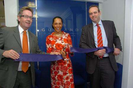 Helen Grant, prospective Conservative parliamentary candidate for Maidstone and the Weald, opens the new reception facilities at Gullands solicitors in Mill Street, Maidstone, with managing partner Richard Cripps, right, and chairman Blair Gulland.