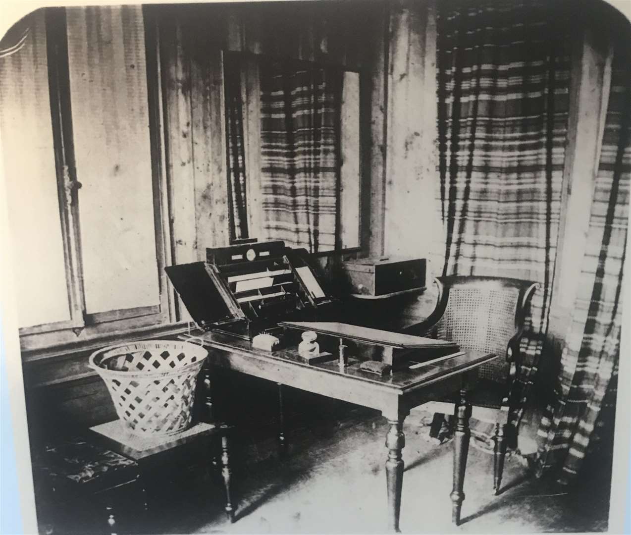 Dickens' desk as it stood in the Swiss Chalet at Gads Hill. From the exhibition at Eastgate House