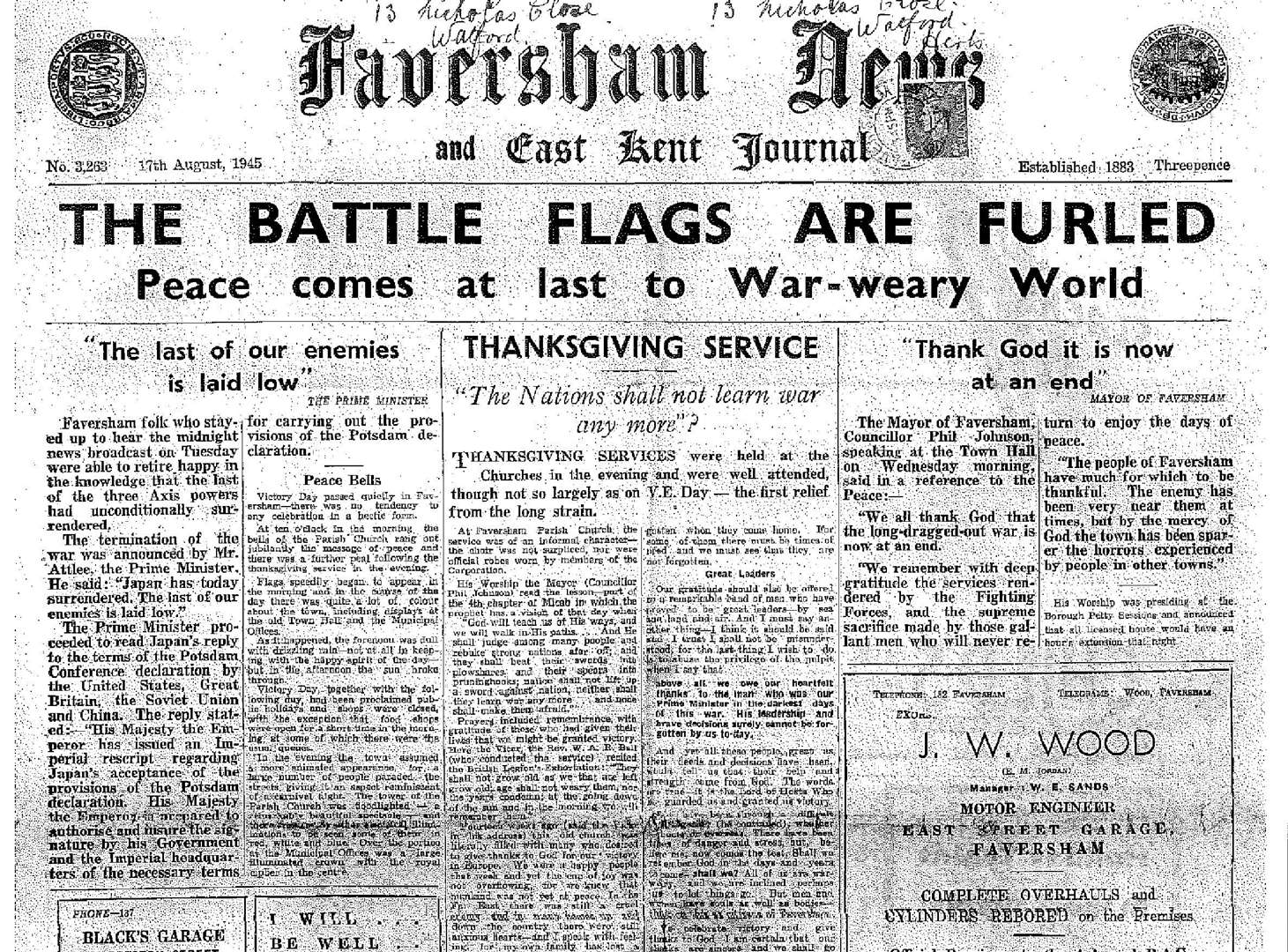 The front page of the Faversham News recording the end of the Second World War, 73 years ago