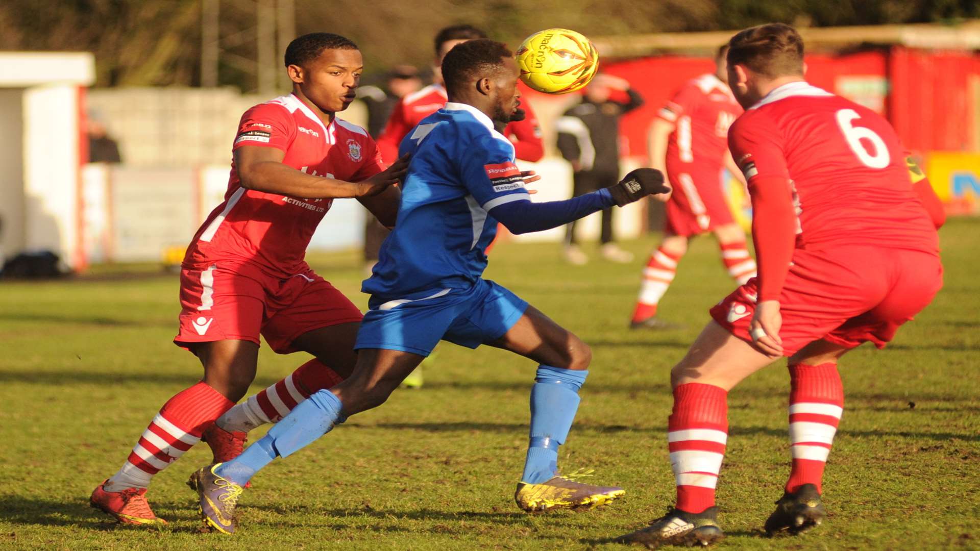 Abdul Lyoubi in action for Chatham earlier in the season against Three Bridges Picture: Steve Crispe