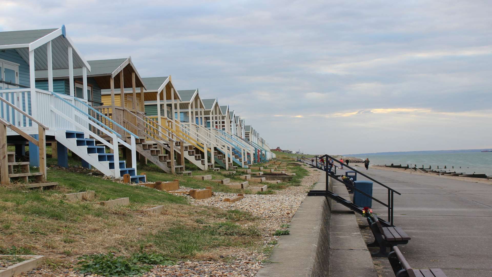 Beach huts and promenade along The Leas at Minster