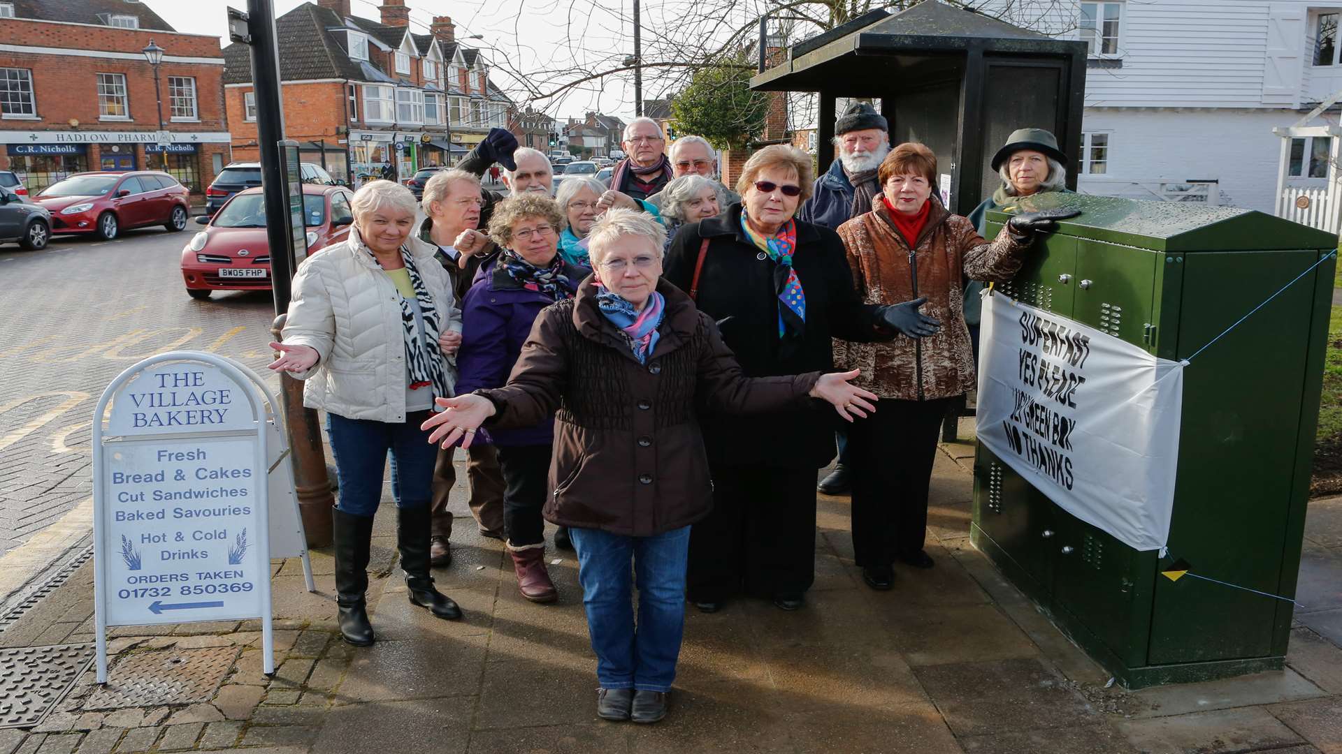 Residents unhappy about a new BT green cabinet set up for fibre optic broadband in Hadlow High Street.