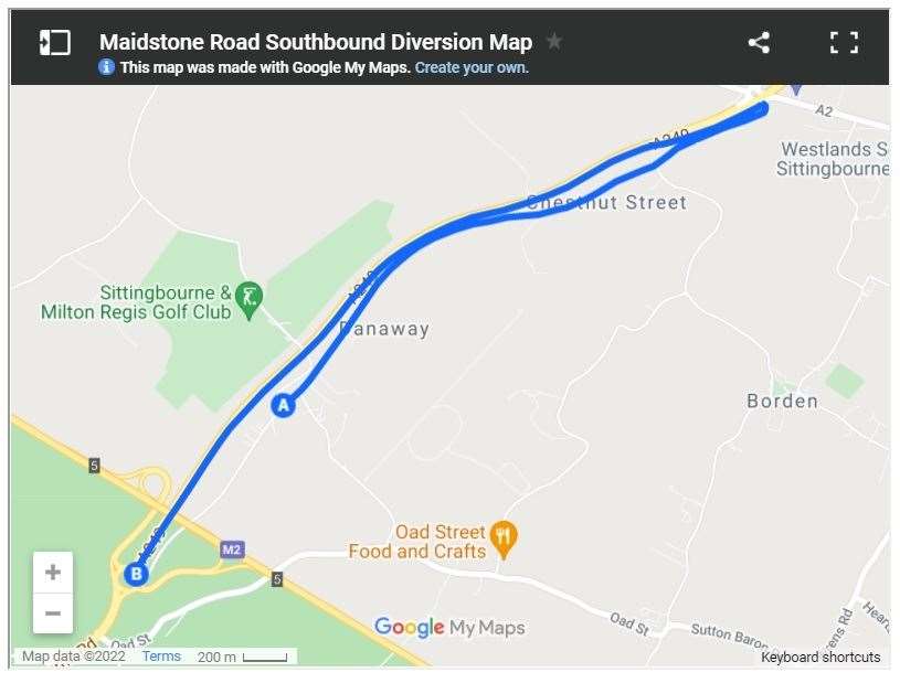 Maidstone Road southbound diversions during work on the A249 at Stockbury. National Highways