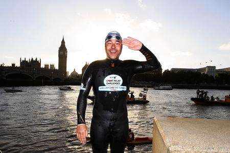David Walliams completes his attempt to swim the length of the Thames for sport relief. Picture: David Hogan