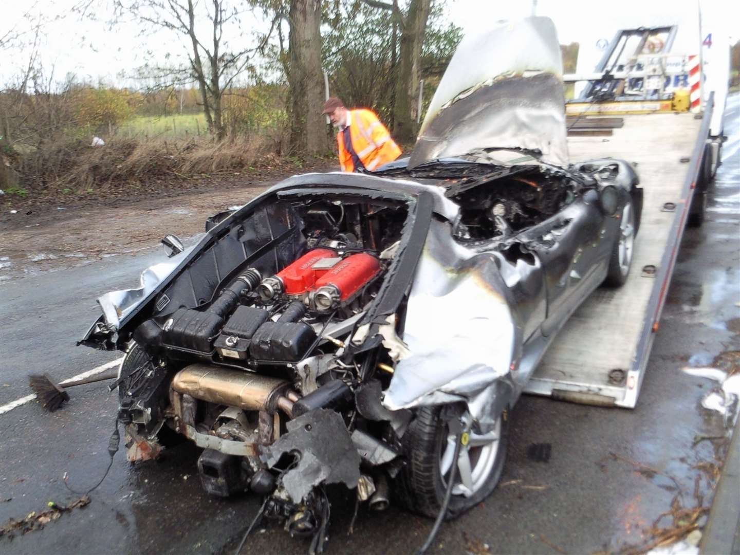 A Ferrari was wrecked when the driver lost control and smashed into the building in November 2009. Picture: Ashford Borough Council