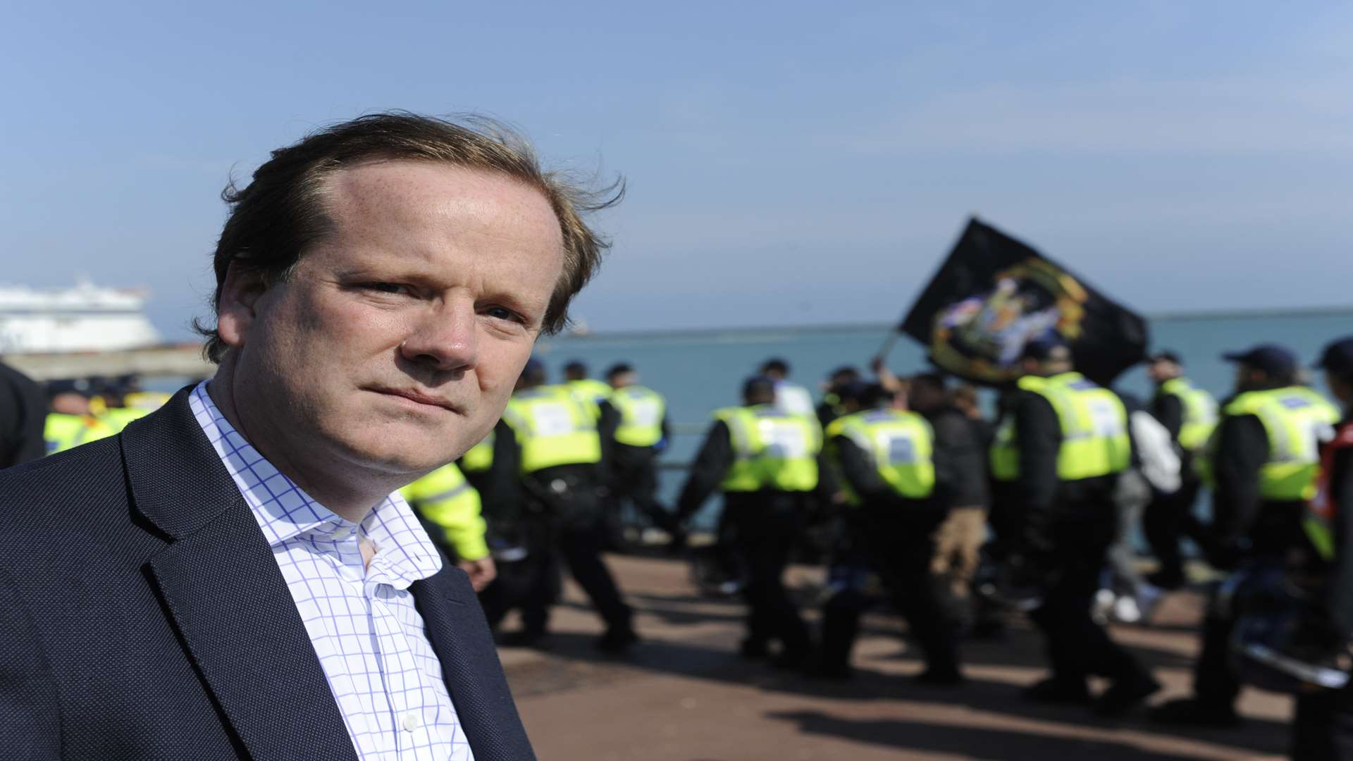 MP Charlie Elphicke at today's demonstration in Dover