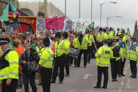 Protesters on the march towards Hoo