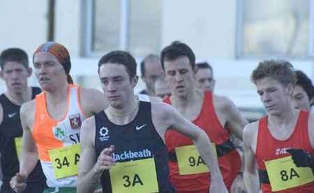 FAST FORWARD: Blackheath Harriers' Andy Rayner (3A) leads the way against Medway and Maidstone's Ian Hough (9A) and David Harmer (8A). Picture: JOHN WARDLEY