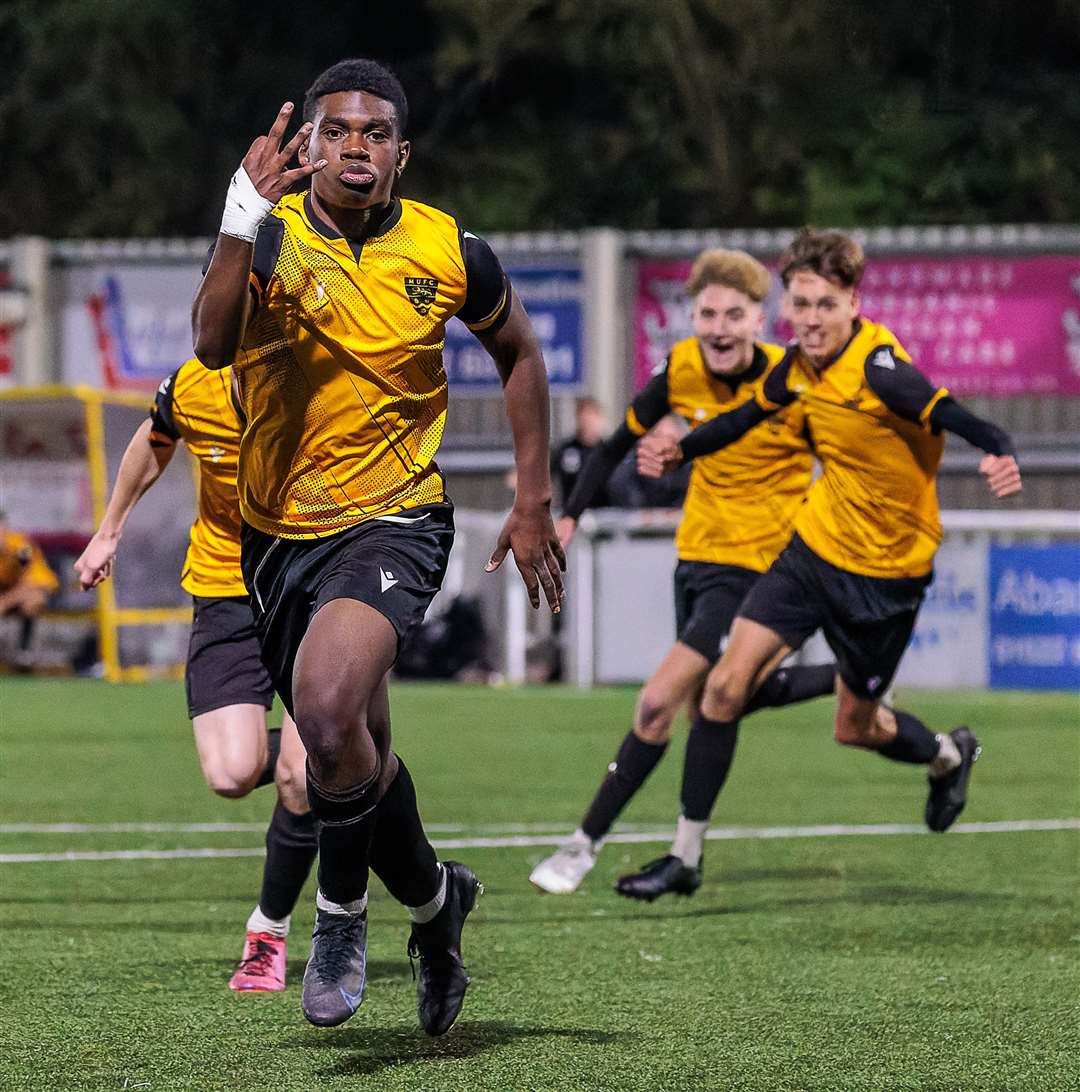 Maidstone United academy striker Nathan Jeche celebrates his FA Youth Cup hat-trick against Edgeware & Kingsbury this season. Picture: Helen Cooper