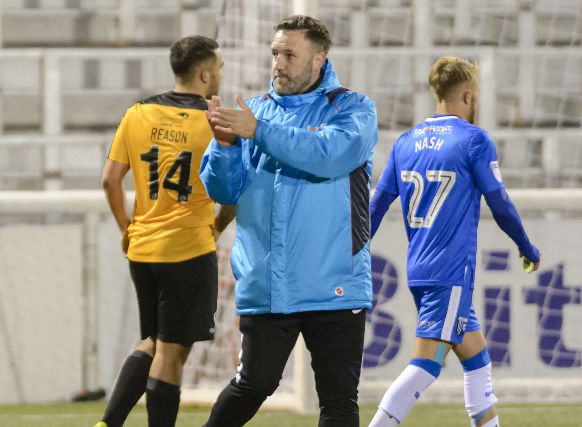 Stones boss Jay Saunders applauds the fans at the final whistle Picture: Andy Payton