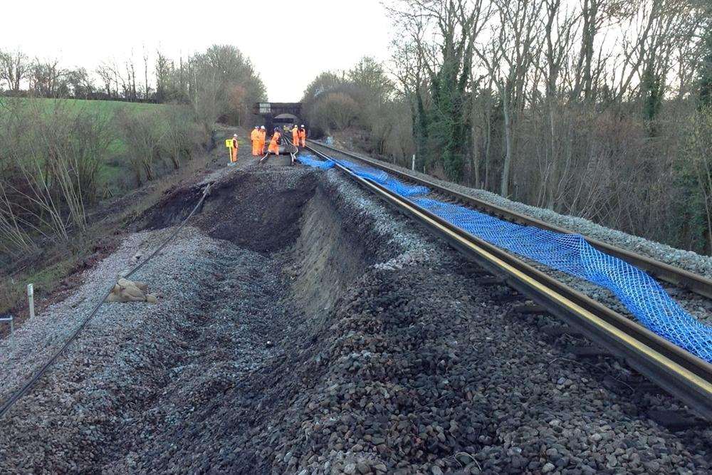 The track was left unstable at Stonegate after the landslide. Picture: Southeastern