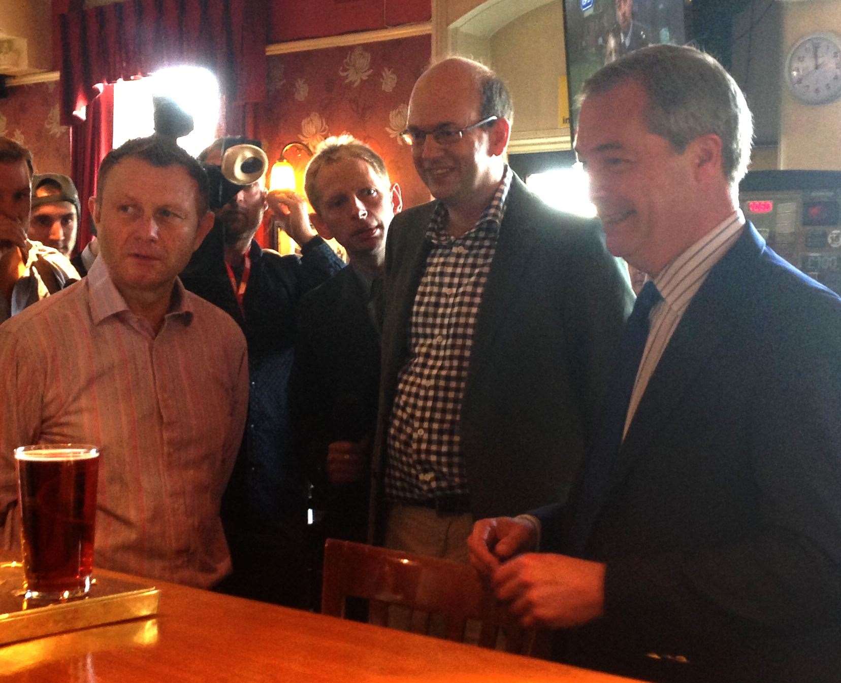 Former MP Mark Reckless with Nigel Farage in the Crown pub in Rochester