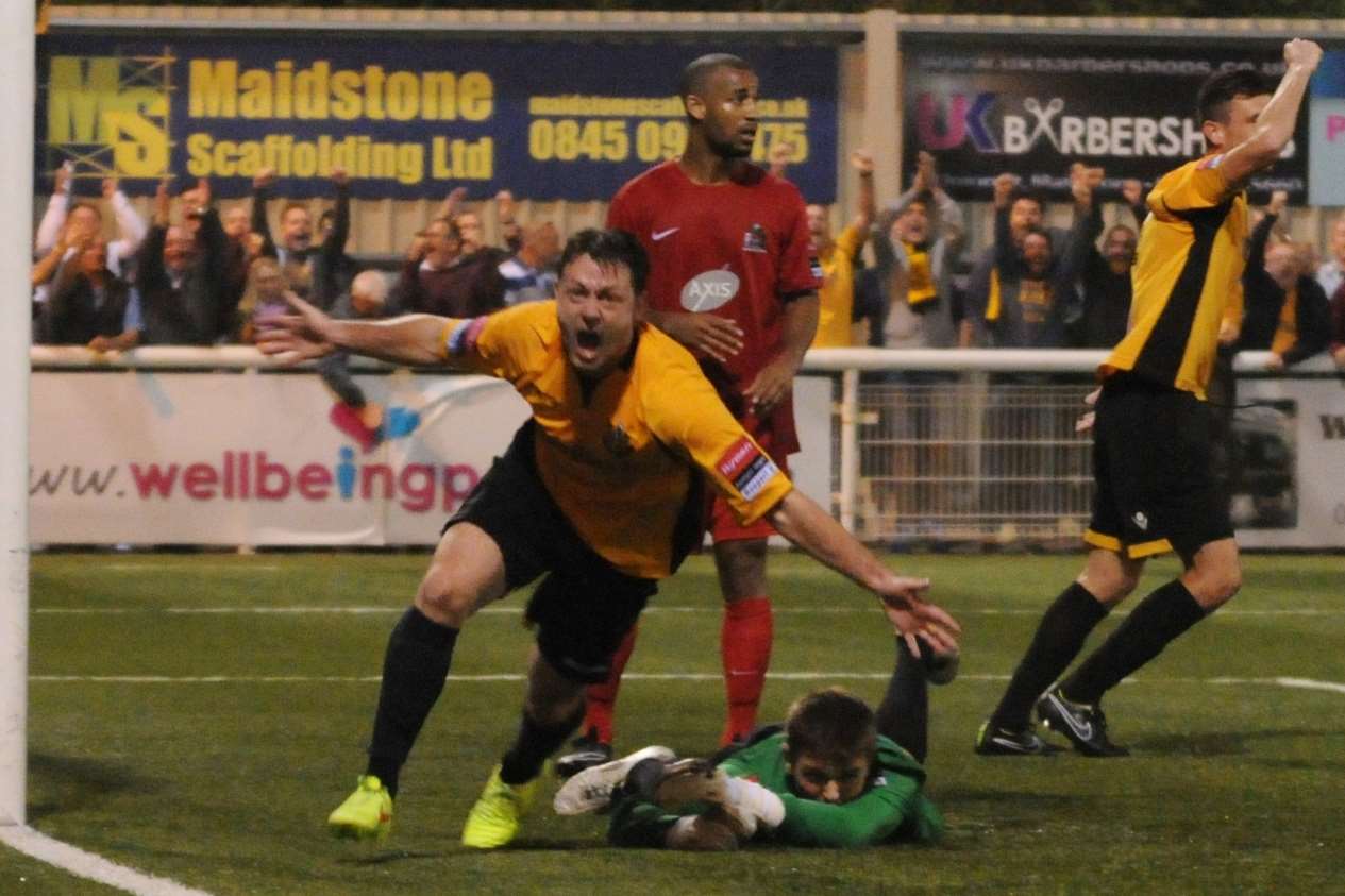 Frannie Collin celebrates his injury-time winner for Maidstone against Harrow Picture: Steve Terrell
