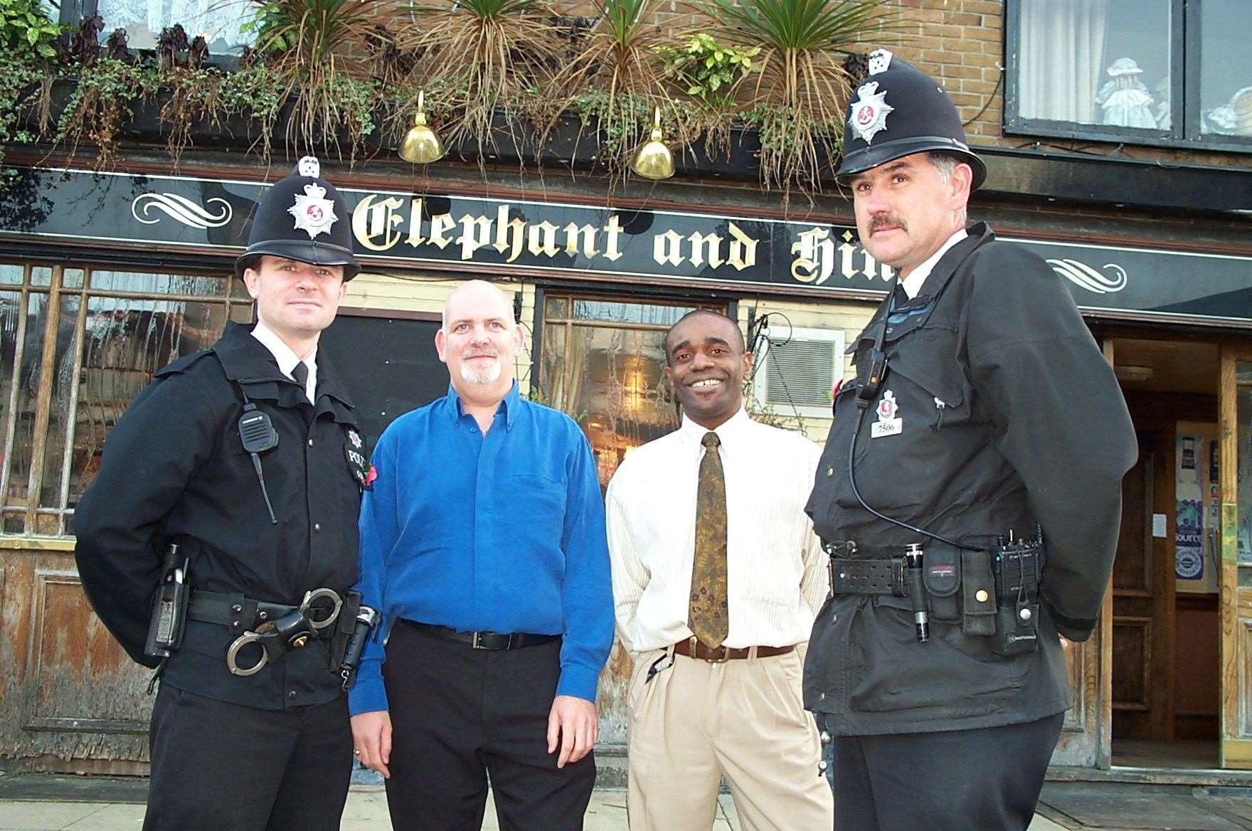 Town centre police officers Ian Woodland (left) and Alan Bugden with licensees Roy Gilham of the Prince Albert and Ken Brandy of the Elephant and Hind, who were among the first to join Dover's new Pubwatch scheme in November 2001. Both pubs are still operating