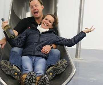 Charles and Ruth Simpson try out their new helter skelter at Simpsons Wine Estate at Barham