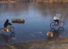 The children rode their bikes on the frozen lake