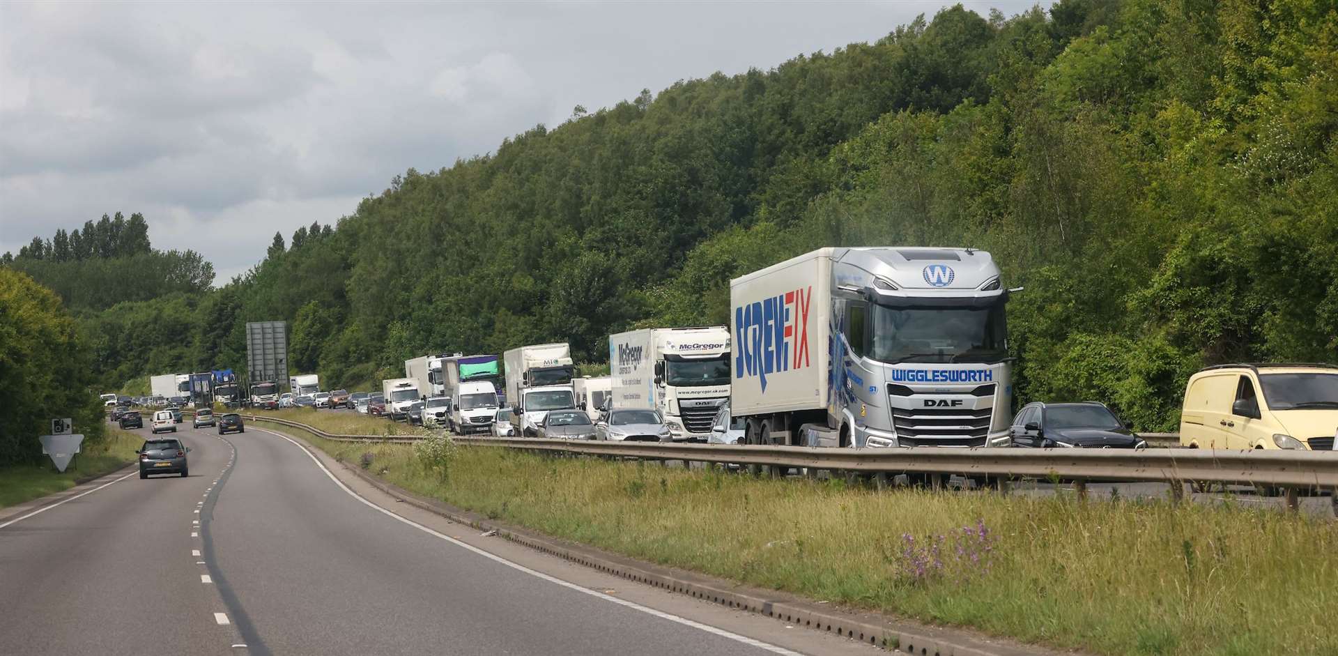 Traffic queueing on the A249 at Bobbing following a lorry crash on the Sheppey-bound carriageway. Picture: UKNIP