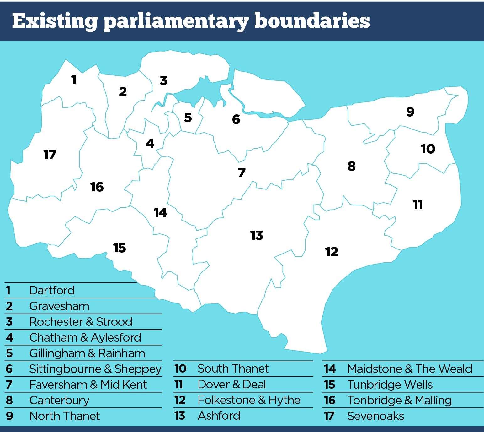 The existing parliament seats in Kent, which have been reviewed by the Boundary Commission