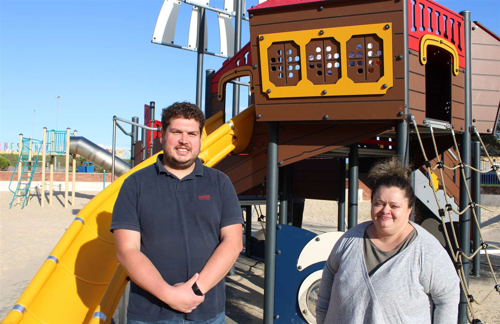 From left: Cllr Elliott Jayes and Cllr Dolley Wooster at the new pirate ship play area at Beachfields, Sheerness