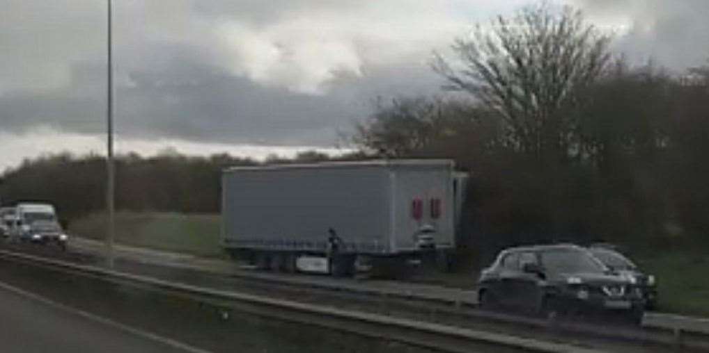 There were delays in the area after the lorry jack-knifed. Picture: UK News in Pictures