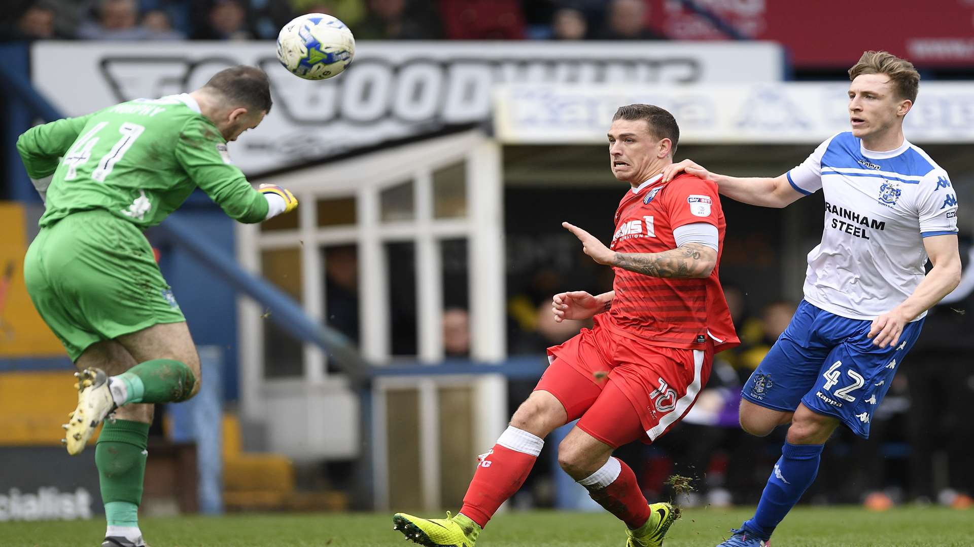 Shakers keeper Joe Murphy is forced to head clear Picture: Ady Kerry