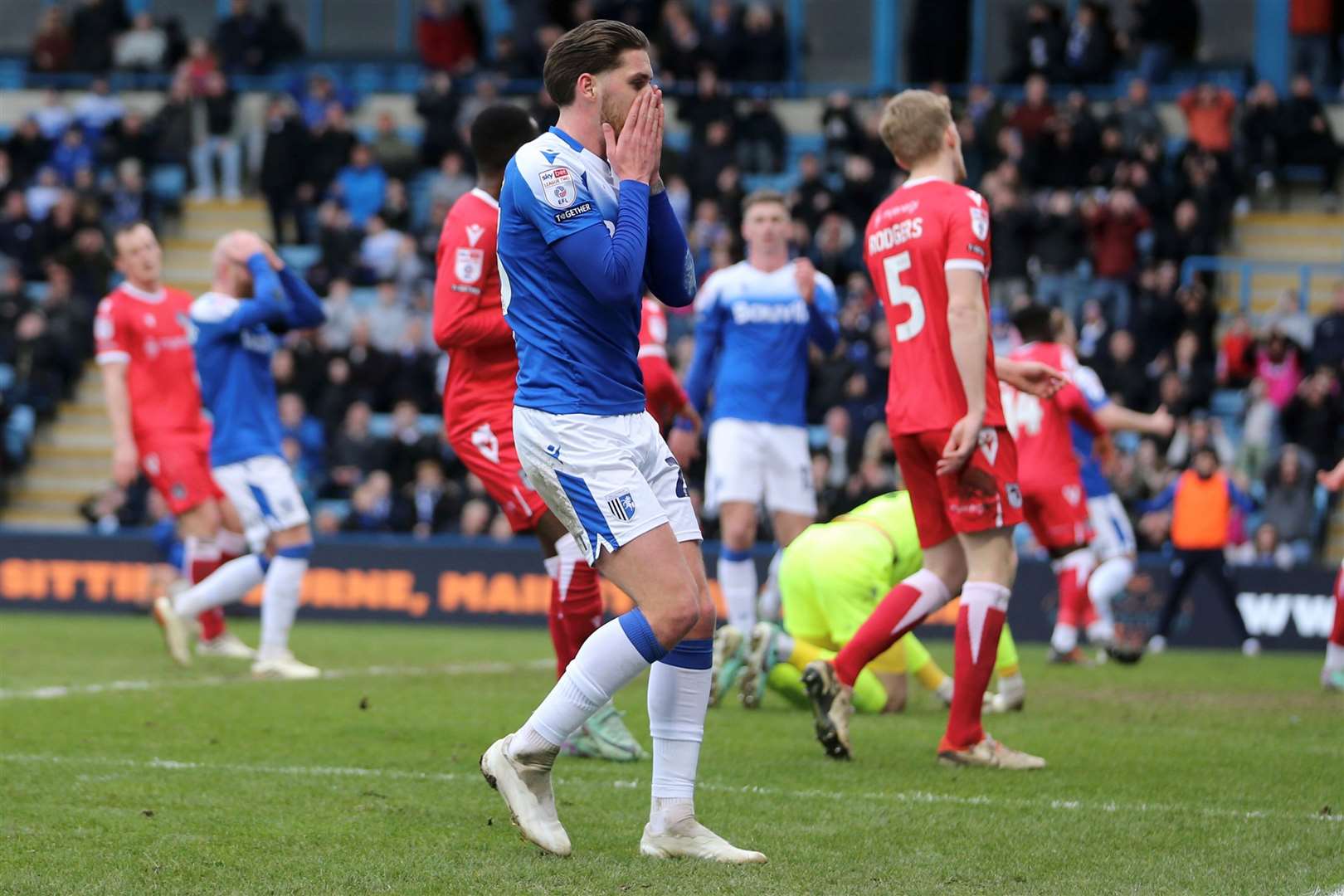 Connor Mahoney reacts to another missed chance for Gillingham against Grimsby Picture: @Julian_KPI