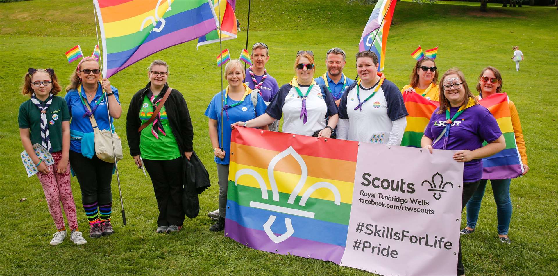 Tunbridge Wells District Scout Group ready for the parade at Tunbridge Wells Pride 2019. Picture: Matthew Walker