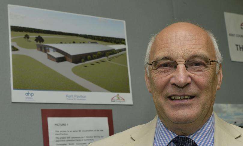 Glyn Charlton with an image of the planned new Kent Pavilion at Kent County Showground