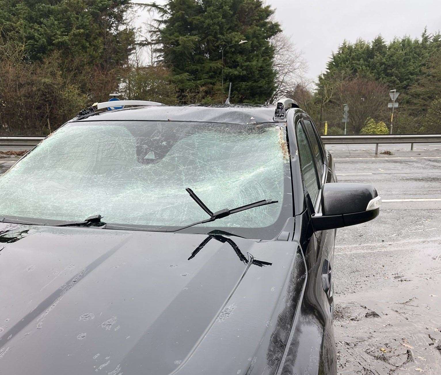 The damaged caused to the car windscreen on the A299 Thanet Way near Whitstable. Picture: Kent Police Specials