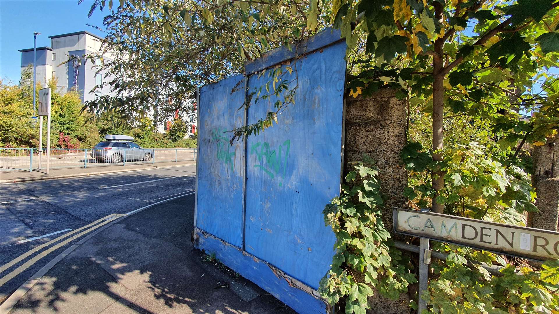 The blue hoardings in Pier Road, Gillingham have been on hire since they were put up in 2011 after the wall first began crumbling in 2009