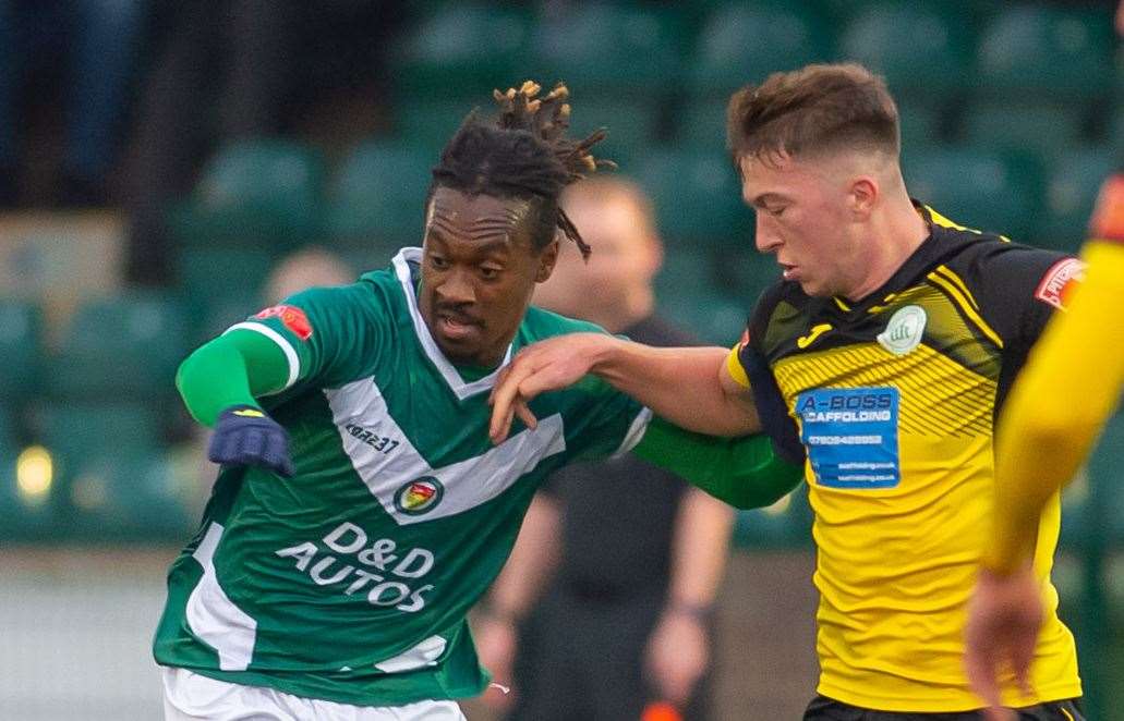 Midfielder Toby Ajala, left, has signed for Faversham after leaving Ashford. Picture: Ian Scammell