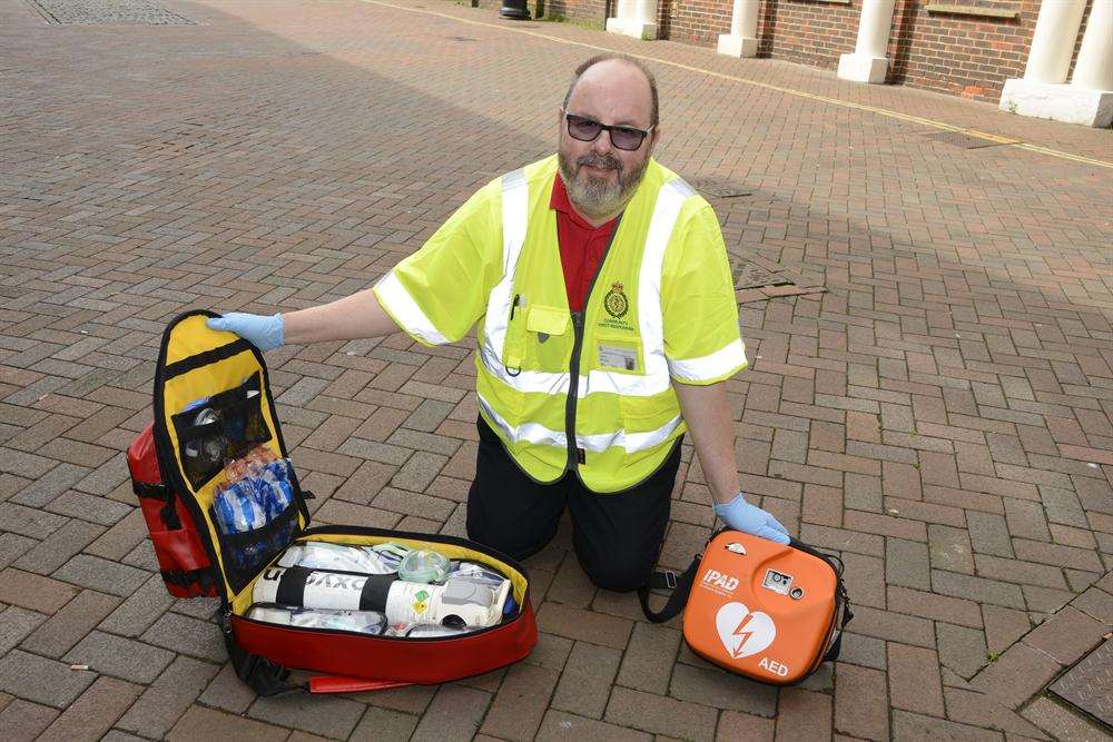 Ready for action with life-saving skills and equipment is community first responder John Rivers, who is appealing for volunteers to join him.