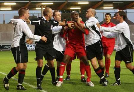 The brawl which resulted in three players being sent off. Picture: Steven Harrington
