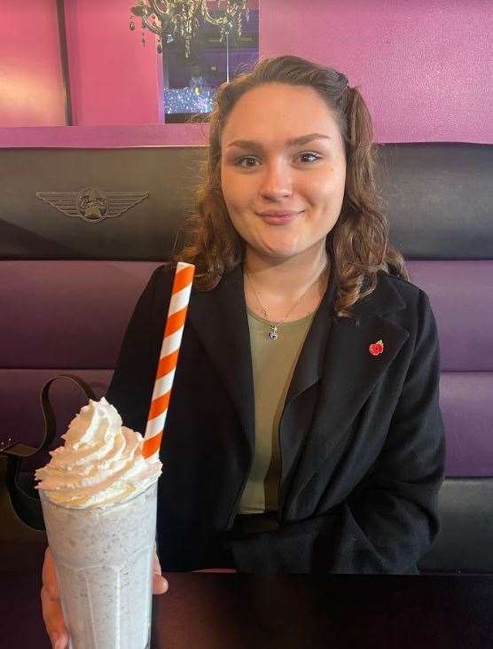 Megan with her milkshake at Creams in Chatham