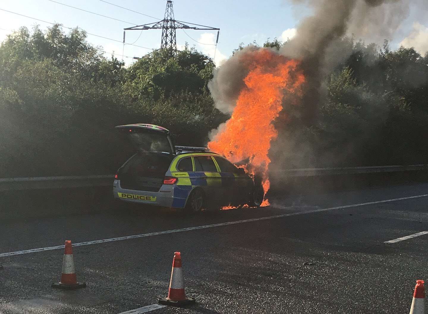 This car burst into flames on the M20 this month. Pic: Kent Police