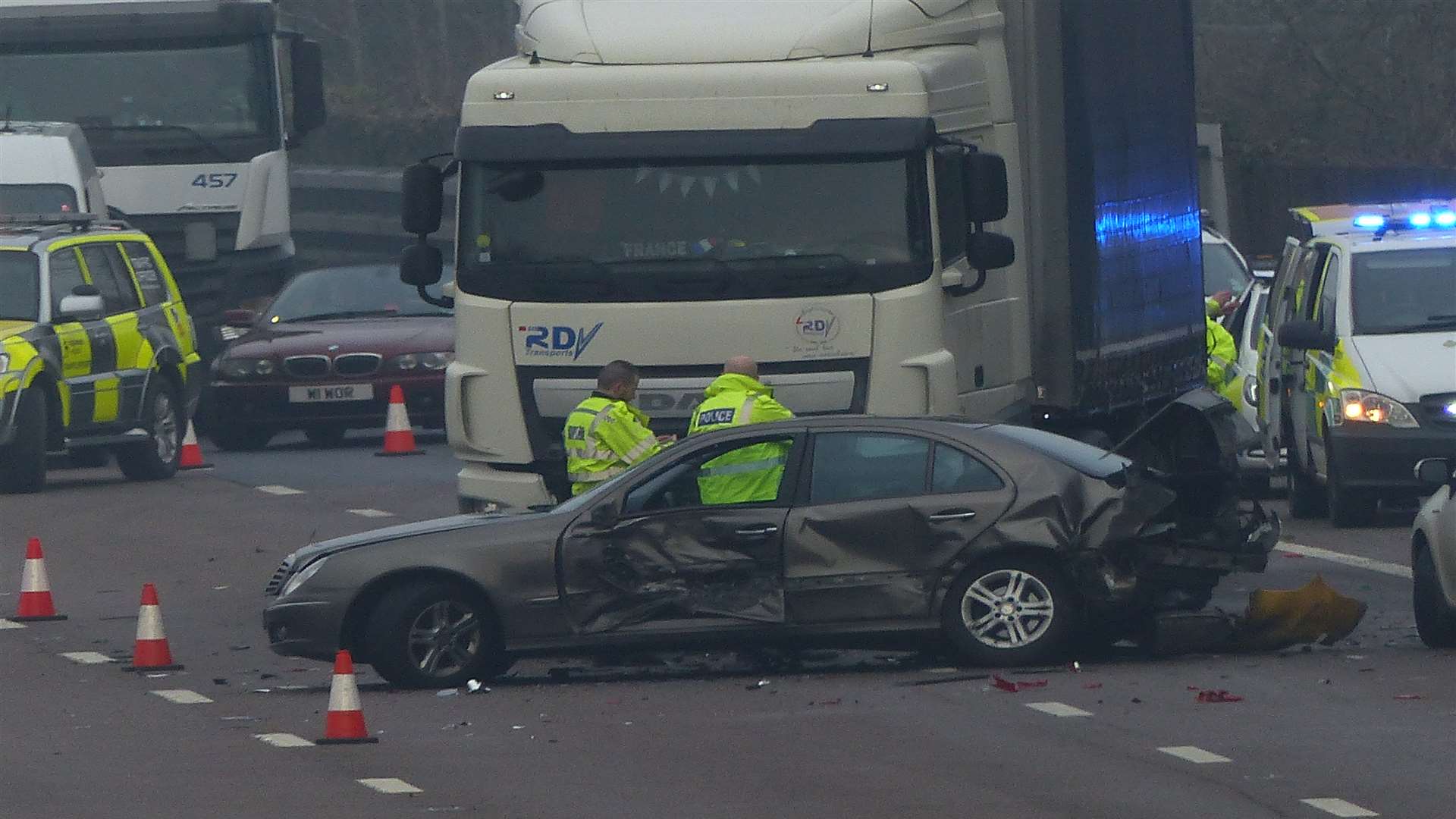 The lorry and one of the cars involved. Picture: Andy Clark