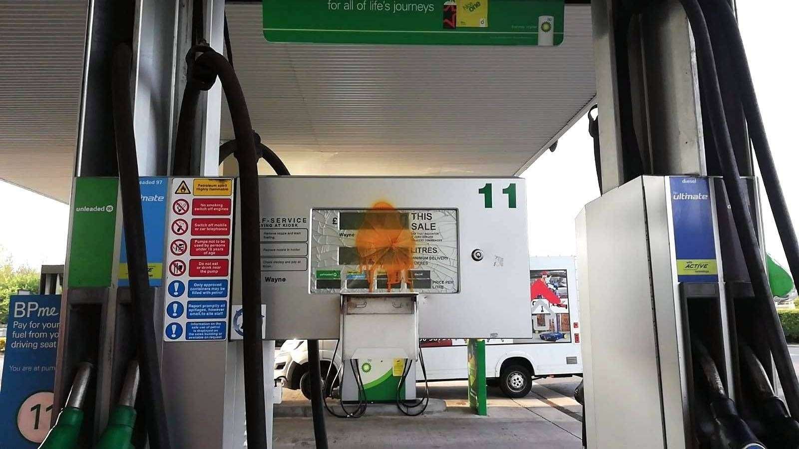 Just Stop Oil have smashed petrol pumps at two M25 service stations Picture: Just Stop Oil